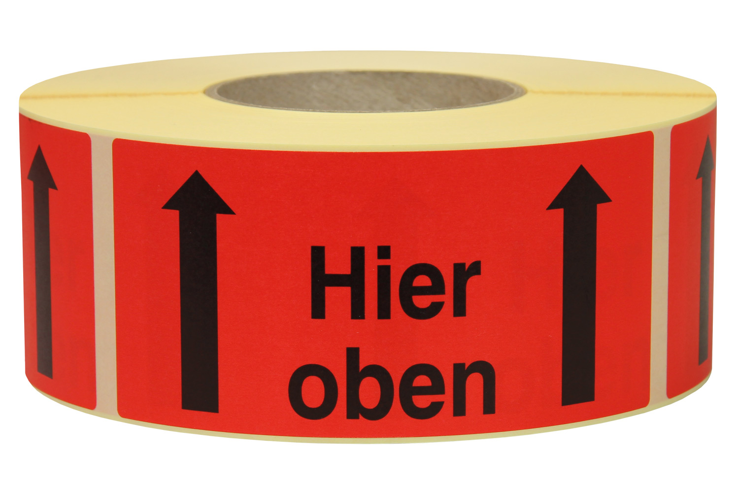 Warn- und Hinweisetiketten 145x70mm, aus Papier rot,  Hier oben