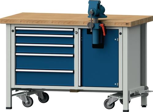 Montagewerkbank Buche massiv B1270xT700xH850mm fahrbar blau/grau 50mm 5Schubl. || VE = 1 ST