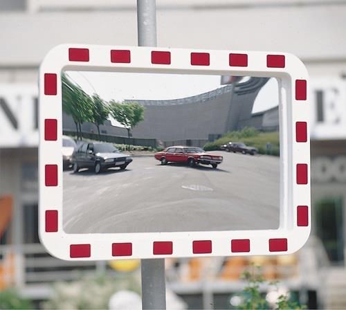 Verkehrsspiegel H800xB1000mm Kunststoff,rot/weiß f.2 Richtungen 14m || VE = 1 ST