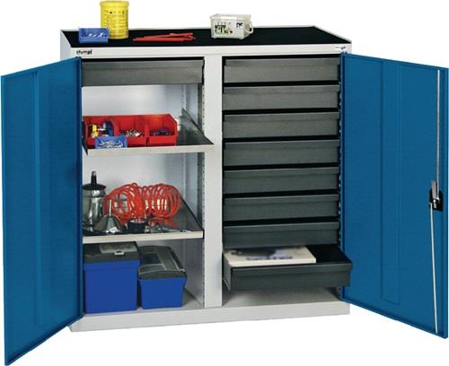 Werkzeug-/Beistellschrank H1000xB1000xT500mm 9Schubl.,2BD lichtgrau/enzianblau || VE = 1 ST